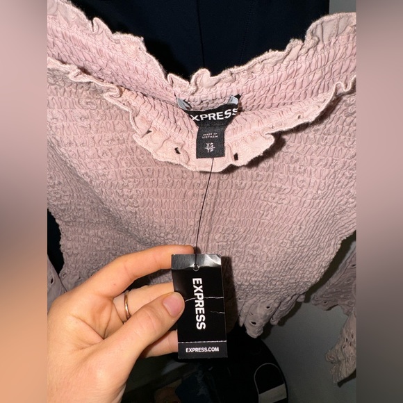 Express Off The Shoulder Smocked Eyelet Lace Bell Sleeve Top - Picture 5 of 6